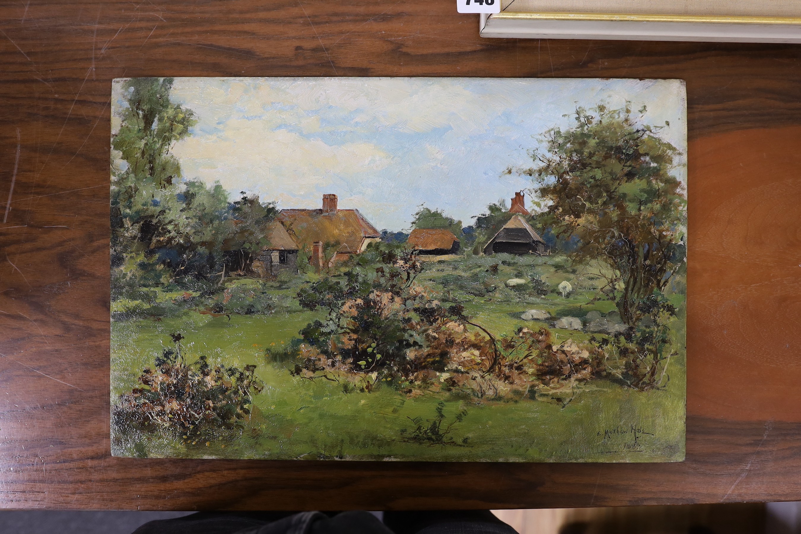 E. Matthew Hale (1852-1924), oil on wooden panel, Farm scene, signed and dated 1888, 30 x 46cm, unframed
